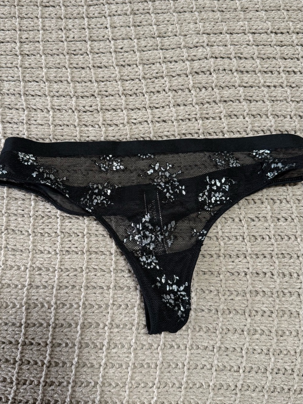 Victoria's Secret Black Sheer Floral Lace Thong with Silver Accents